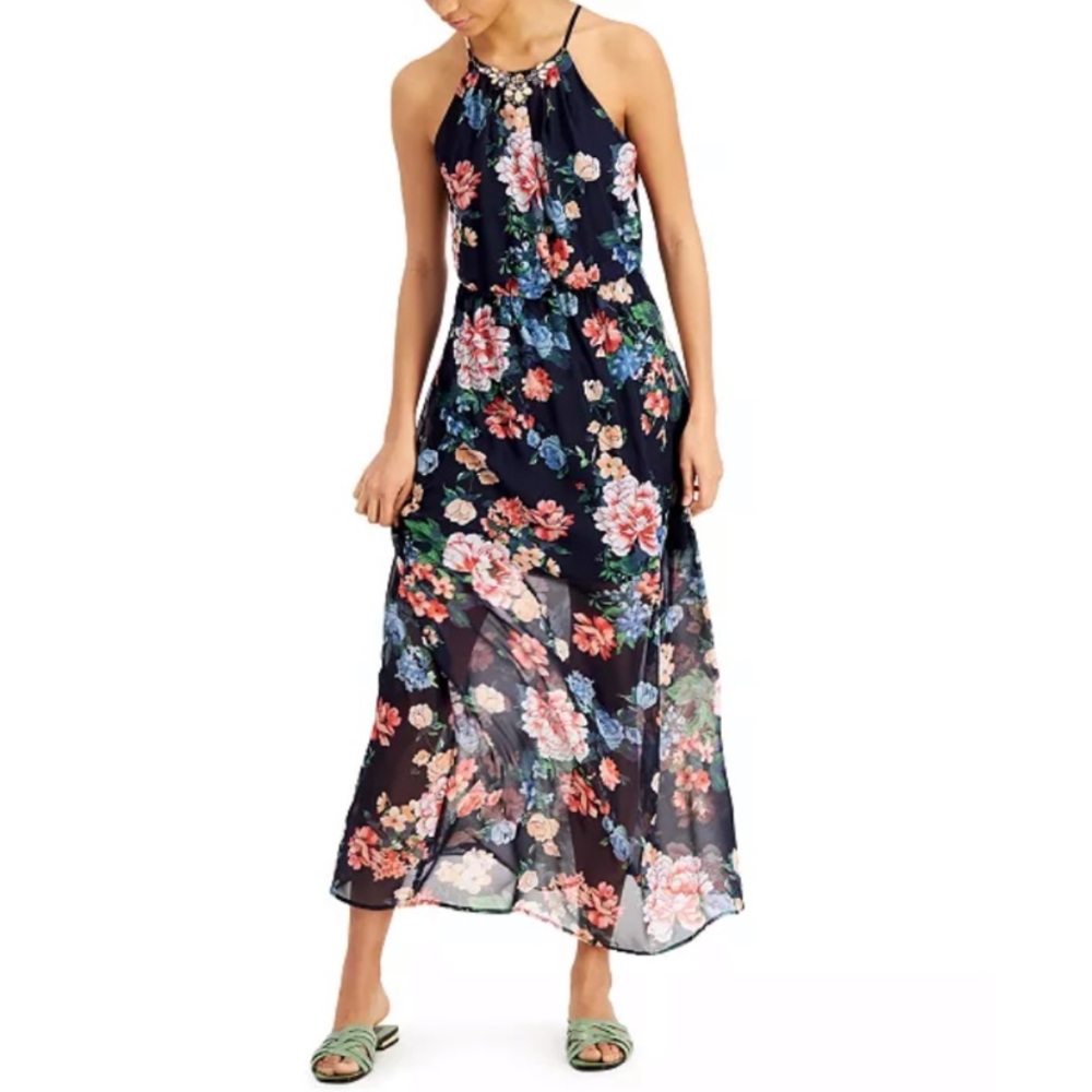 NWT Crystal Doll Floral Maxi Navy Dress Size XXL